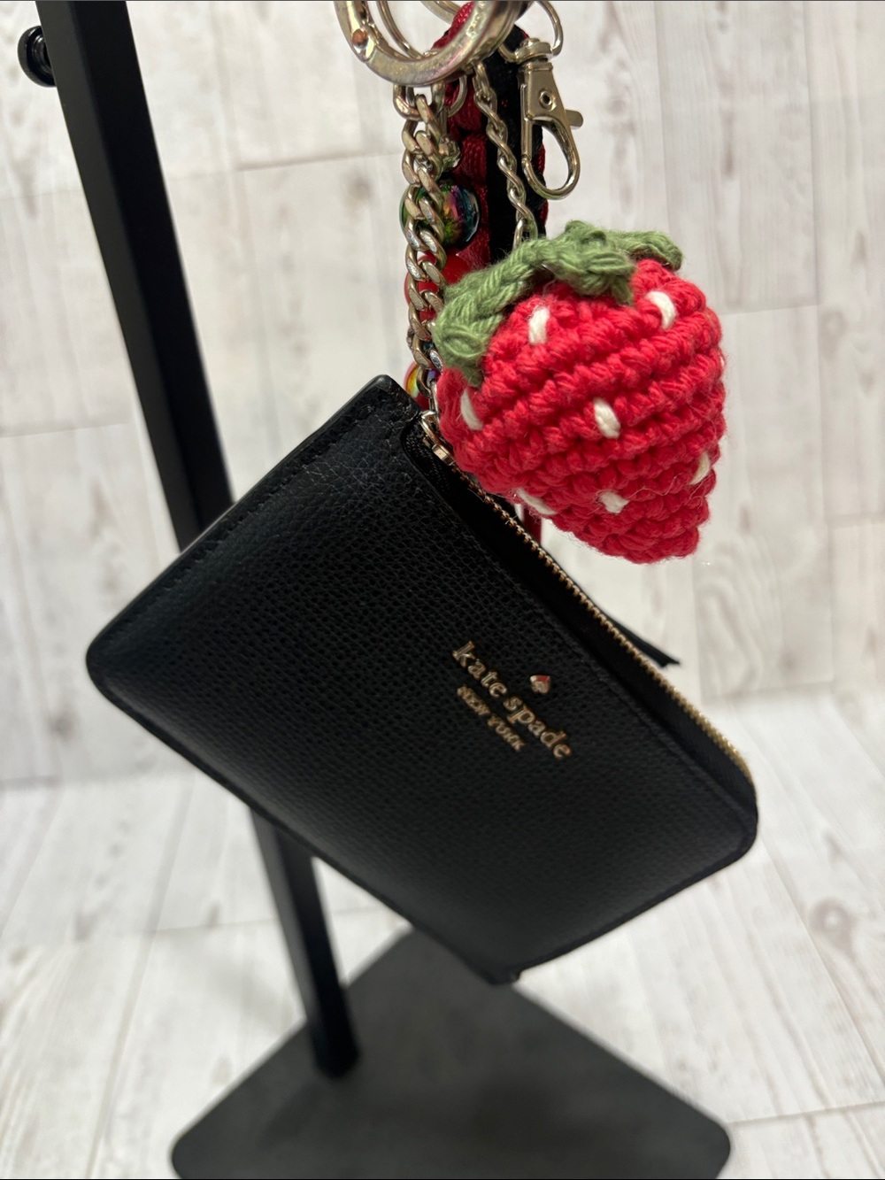 kate spade Black Pebbled Leather Card Pouch with Homemade Strawberry Charm